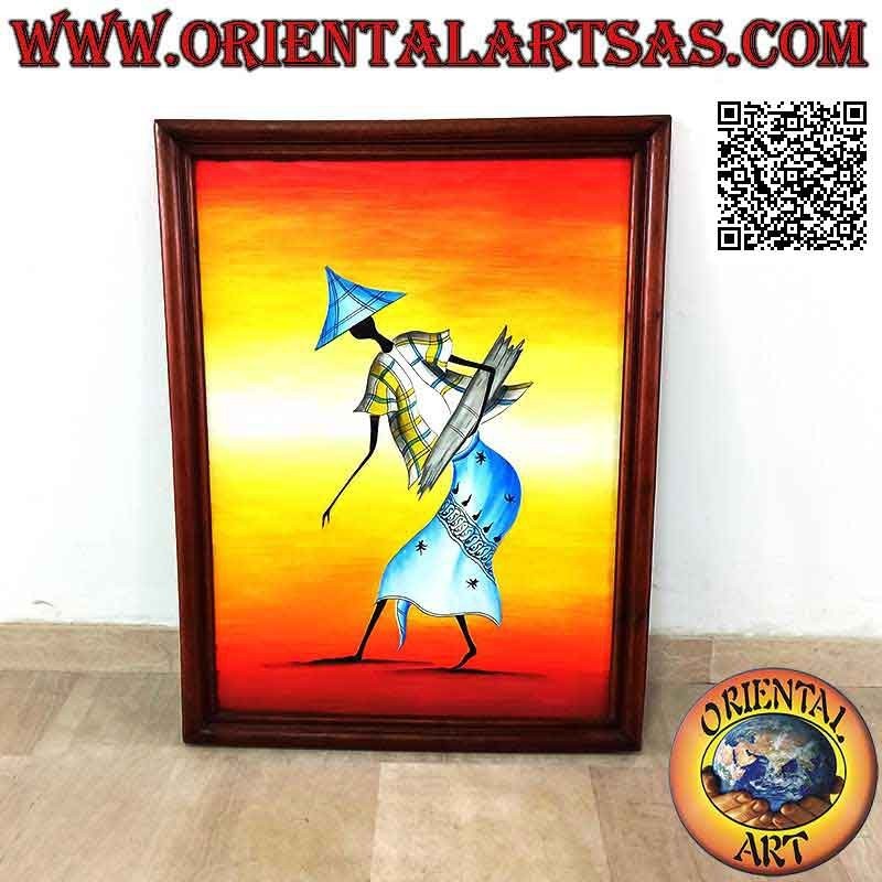 Hand painted picture on wood in Sahara style, "The farmer with the pointed hat"