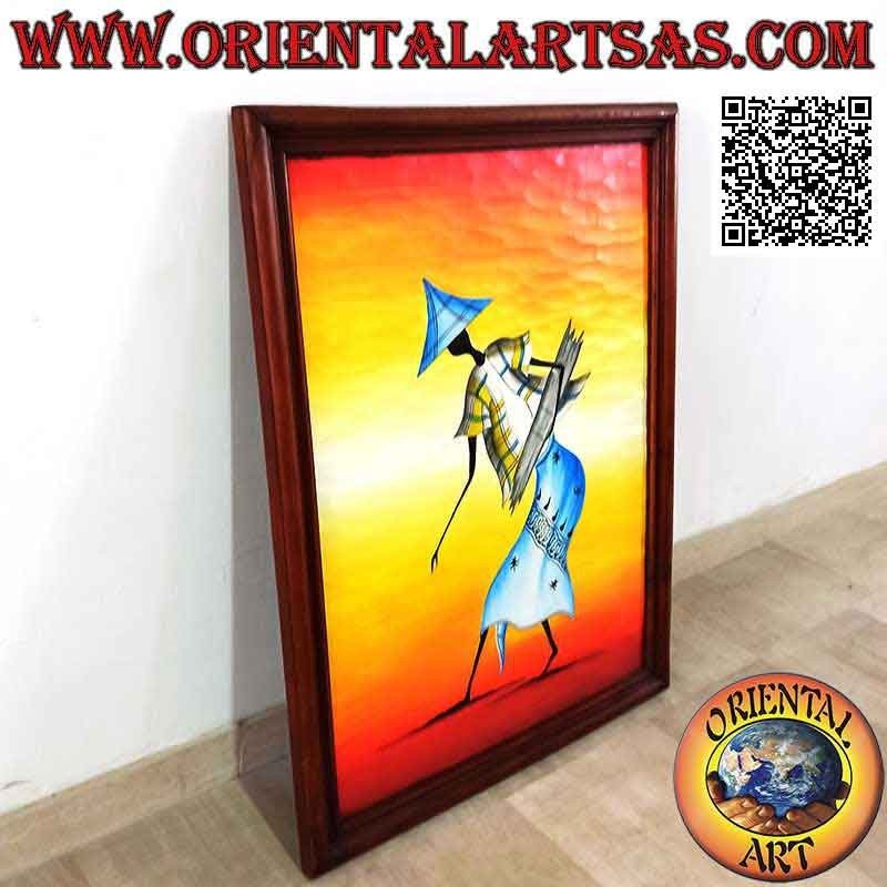 Hand painted picture on wood in Sahara style, "The farmer with the pointed hat"