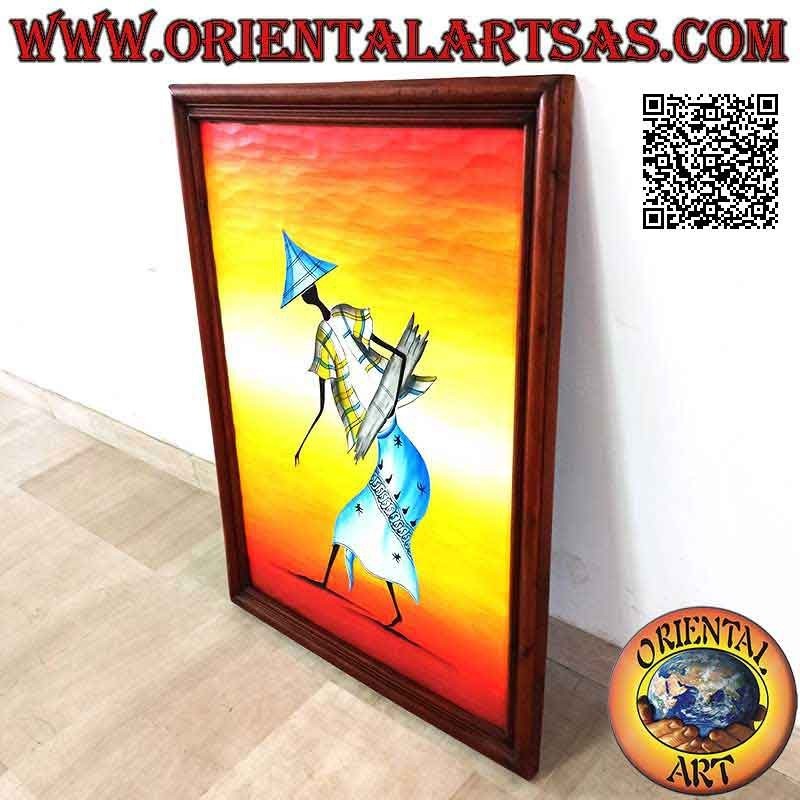 Hand painted picture on wood in Sahara style, "The farmer with the pointed hat"