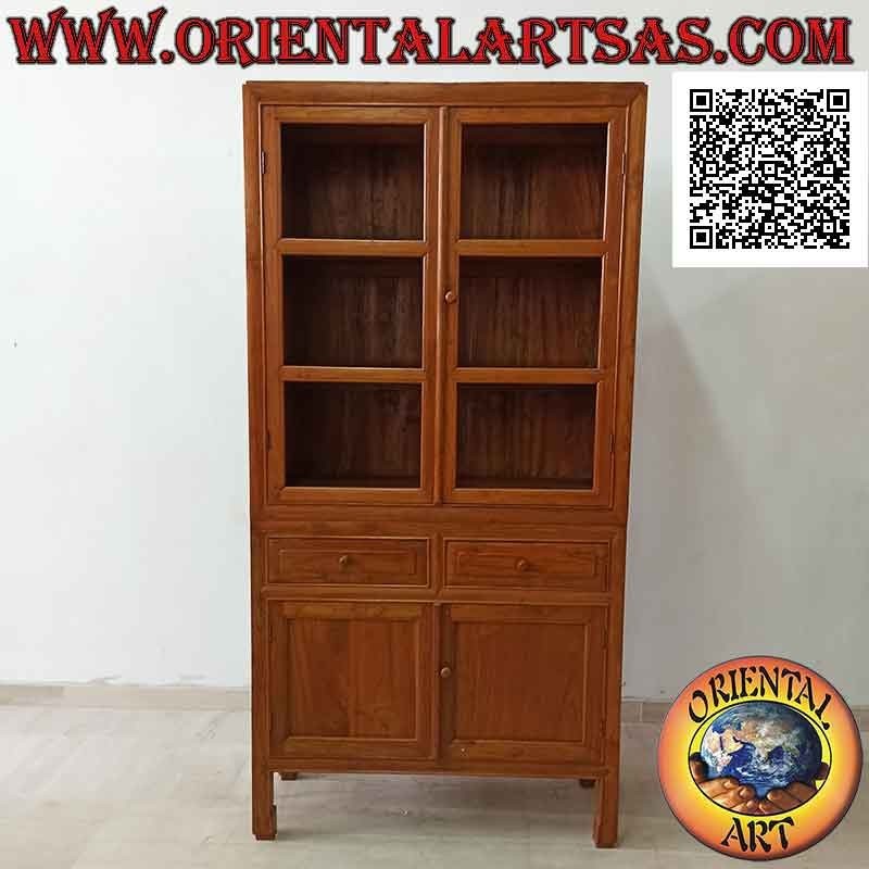Credenza alta a 2 ante vetrate e 2 chiuse in legno con cassetti centrali in legno di teak