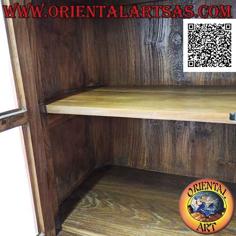 Hohes Sideboard mit 2 Glastüren und 2 geschlossenen Türen aus Holz mit zentralen Schubladen aus Teakholz