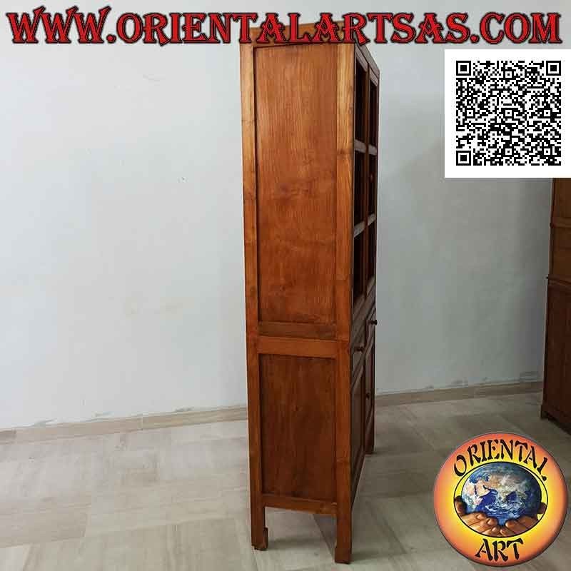 High sideboard with 2 glass doors and 2 closed doors in wood with central drawers in teak wood