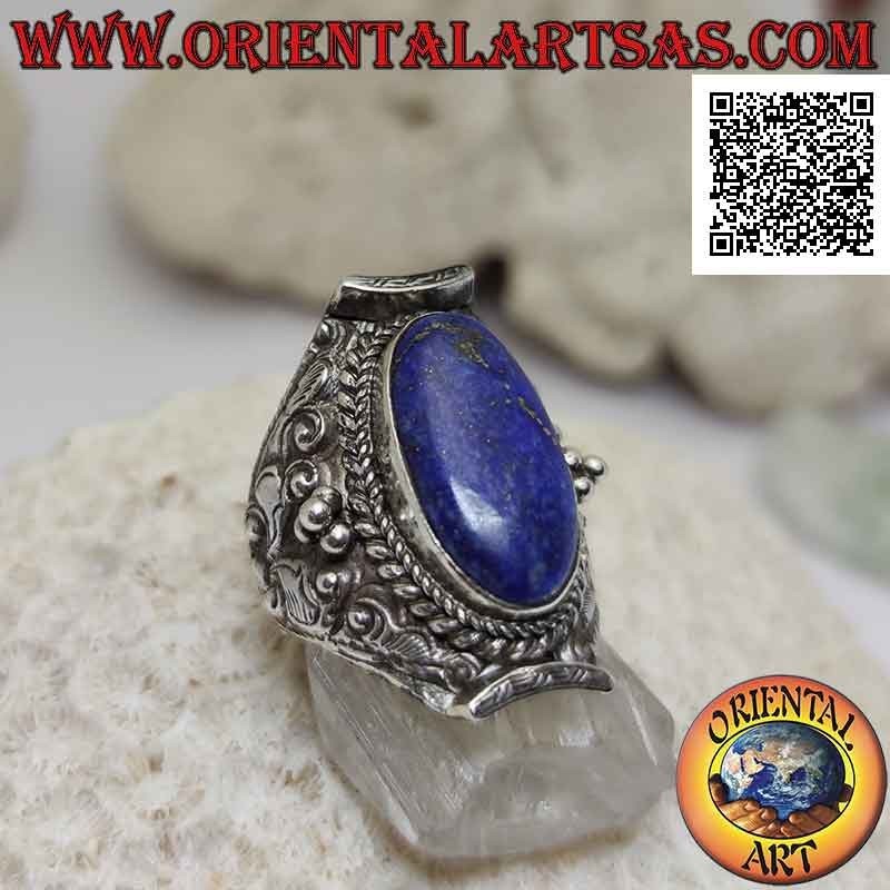 Anillo de plata con lapislázuli ovalado sobre engaste nepalí y decoración floral étnica en alto relieve (17)