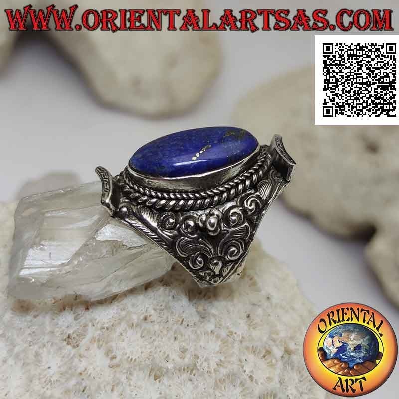 Silver ring with oval lapis lazuli on Nepalese setting and ethnic floral decoration in high relief (17)