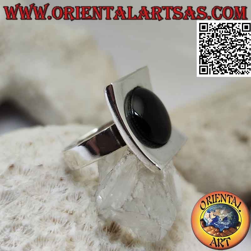 Konkaver quadratischer glatter Silberring mit zentralem rundem Cabochon-Onyx