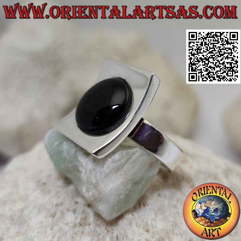 Konkaver quadratischer glatter Silberring mit zentralem rundem Cabochon-Onyx