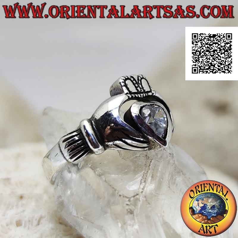 Irischer Claddagh Silberring (Liebe, Loyalität und Freundschaft), abgerundet mit einem weißen Zirkonherz