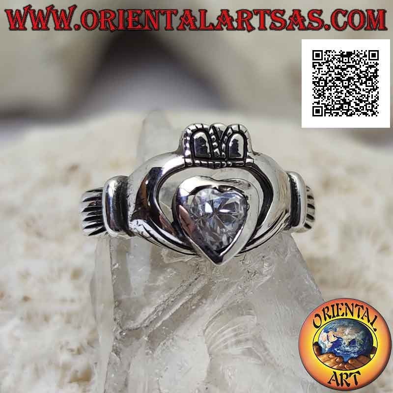 Irish Claddagh silver ring (Love, loyalty and friendship) rounded with a white zircon heart