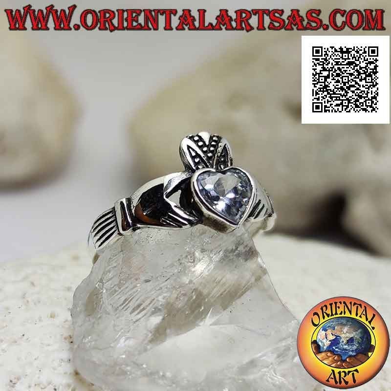 Classic Irish Claddagh (Love loyalty and friendship) silver ring with white zircon heart