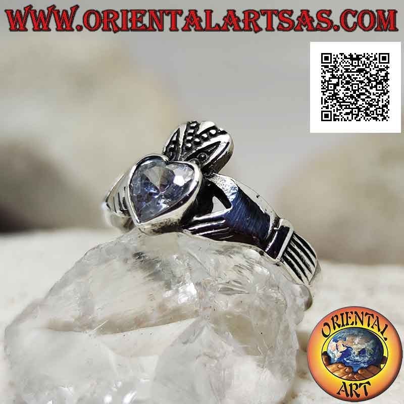 Bague en argent classique irlandaise Claddagh (Love loyauté et amitié) avec cœur en zircon blanc