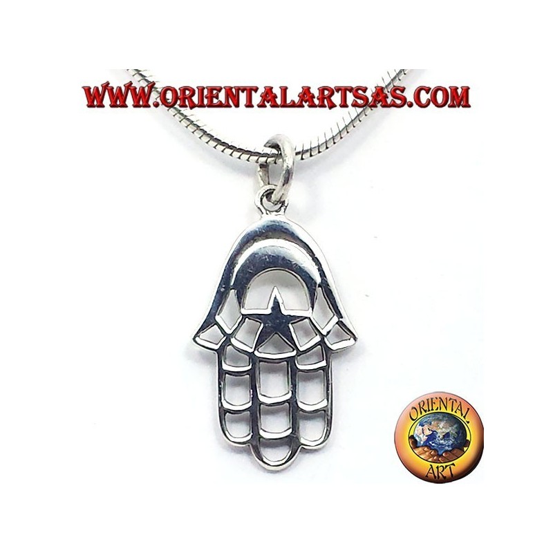 silver pendant, hand of Fatima with the Moon and Star
