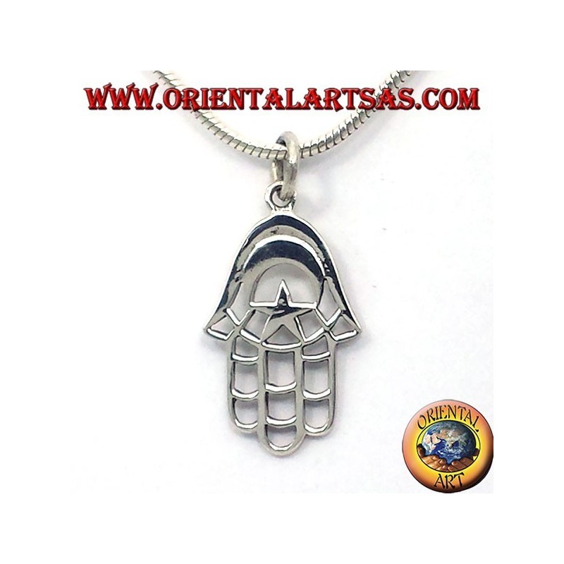 Silber Anhänger, Hand von Fatima mit dem Mond und Stern