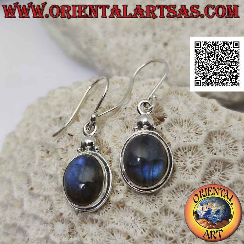 Silver earrings with round cabochon labradorite and trio of balls above