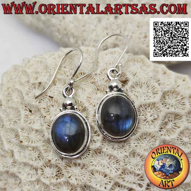 Silver earrings with round cabochon labradorite and trio of balls above