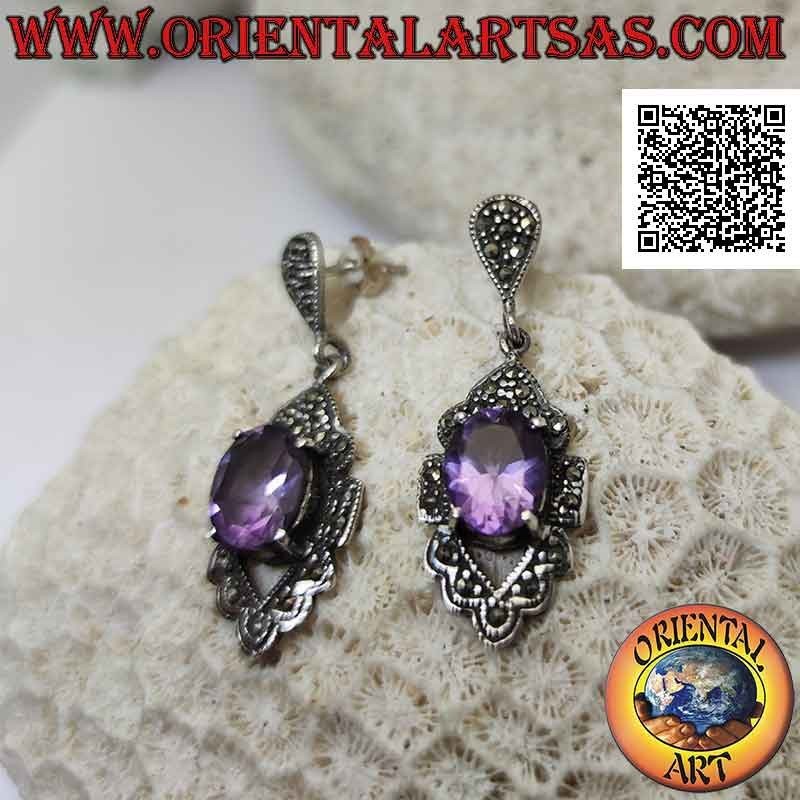 Silberohrringe mit natürlichem facettiertem Amethyst-Set, das auf einem mit Markasit besetzten Rahmen hervorsteht