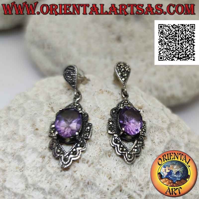 Silberohrringe mit natürlichem facettiertem Amethyst-Set, das auf einem mit Markasit besetzten Rahmen hervorsteht