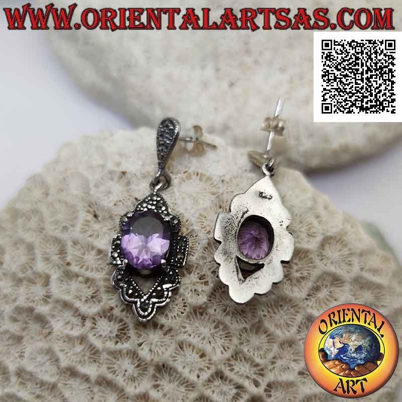 Pendientes de plata con amatista facetada natural engastada en un marco tachonado de marcasita