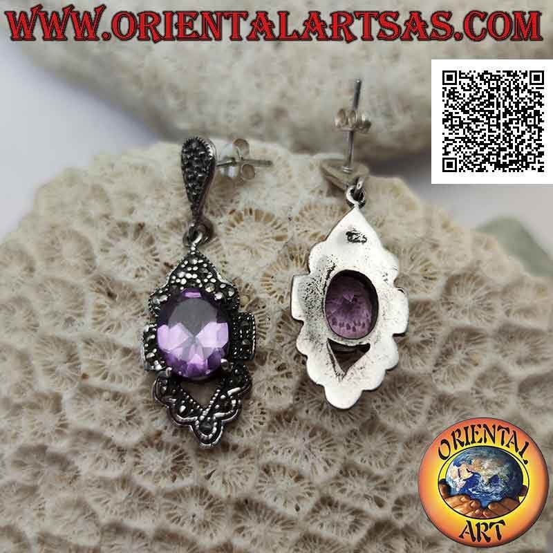 Boucles d'oreilles en argent sertie d'améthyste facettée naturelle faisant saillie sur une monture cloutée de marcassite