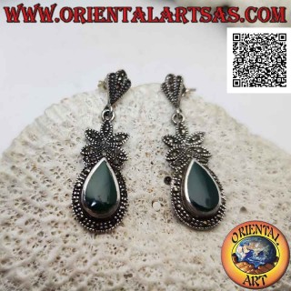 Silver earrings with green agate teardrop surrounded by marcasite and flower on top of marcasite
