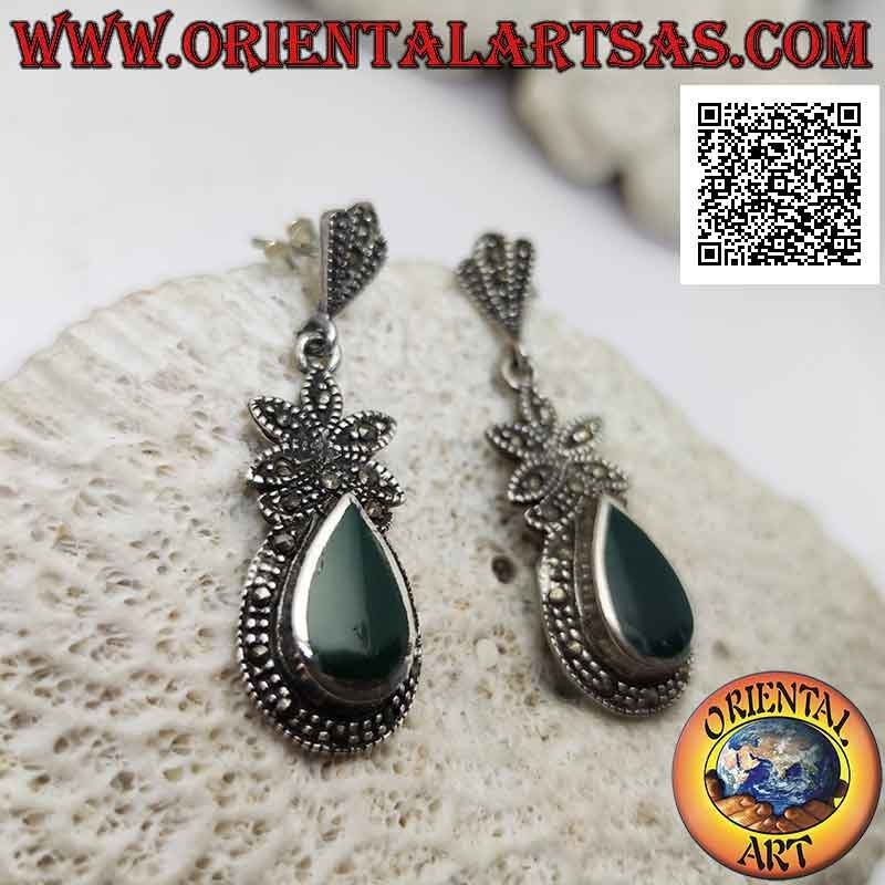 Silver earrings with green agate teardrop surrounded by marcasite and flower on top of marcasite