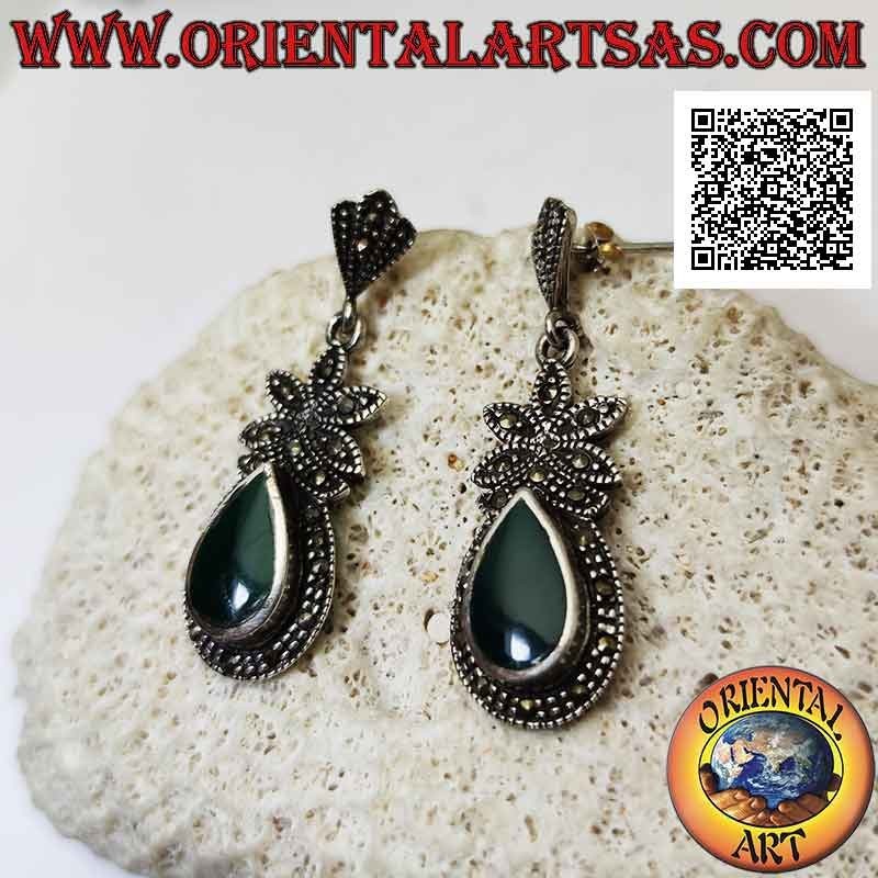 Silver earrings with green agate teardrop surrounded by marcasite and flower on top of marcasite