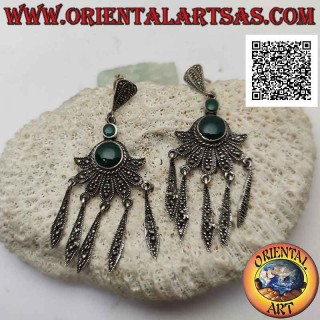 Pendientes de plata con doble ágata verde redonda en abanico con colgantes tachonados de marcasita