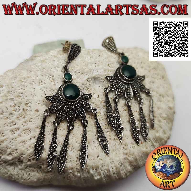 Pendientes de plata con doble ágata verde redonda en abanico con colgantes tachonados de marcasita