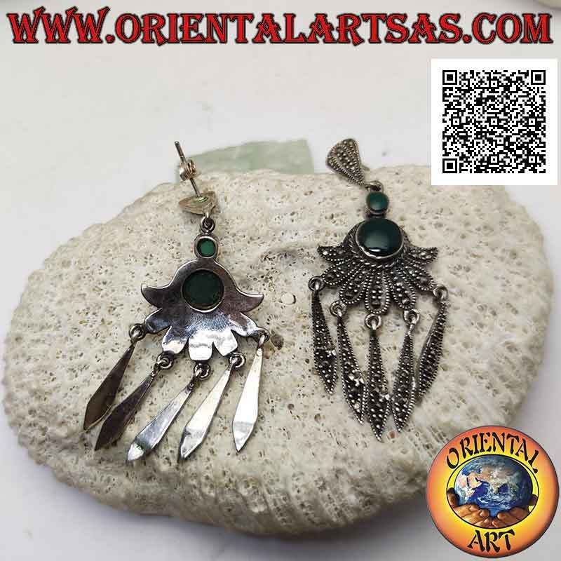 Pendientes de plata con doble ágata verde redonda en abanico con colgantes tachonados de marcasita