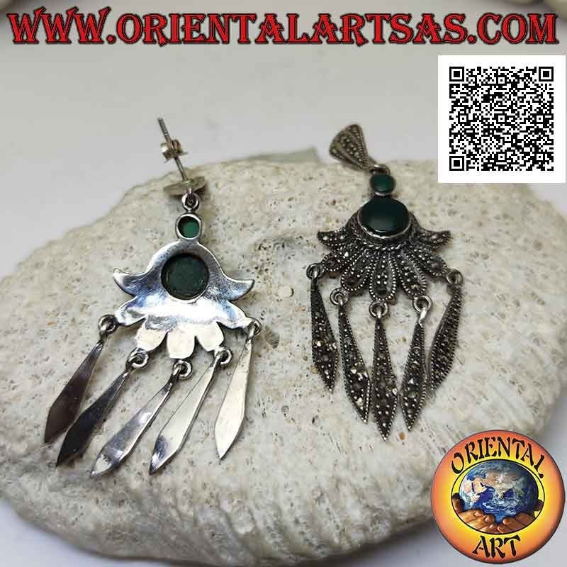 Orecchini in argento con doppia agata verde tonda su ventaglio con pendenti tempestato di marcassite