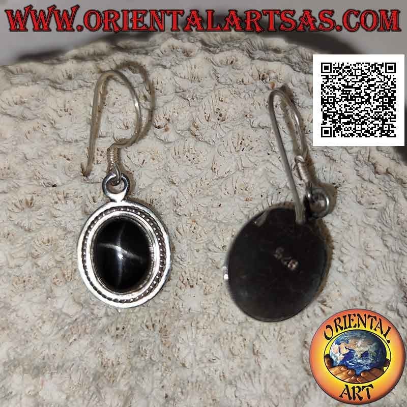 Silver earrings with cabochon oval Black Star (star diopside) and wide smooth edge with interweaving