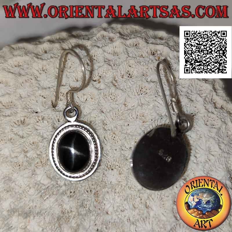 Silver earrings with cabochon oval Black Star (star diopside) and wide smooth edge with interweaving