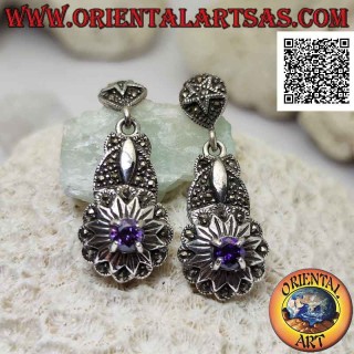 Silver earrings studded with marcasite with round amethyst set on a dodecagram (twelve-pointed star)
