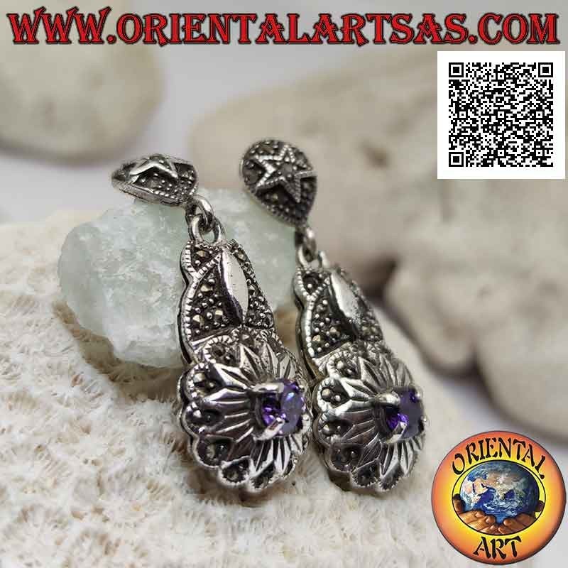Mit Markasit besetzte silberne Ohrringe mit rundem Amethyst auf einem Dodekagramm (zwölfzackiger Stern)