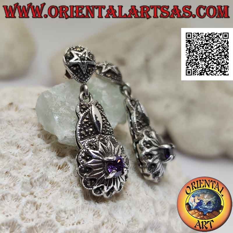 Pendientes de plata tachonados con marcasita con amatista redonda engastada en un dodecagrama (estrella de doce puntas)