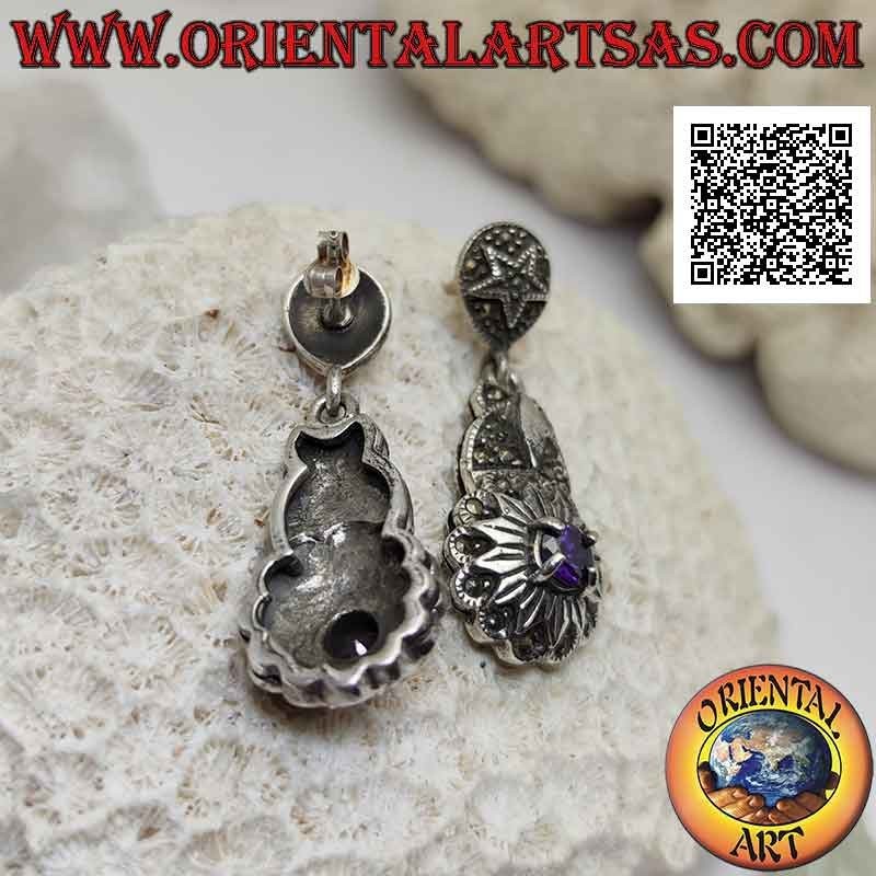 Pendientes de plata tachonados con marcasita con amatista redonda engastada en un dodecagrama (estrella de doce puntas)