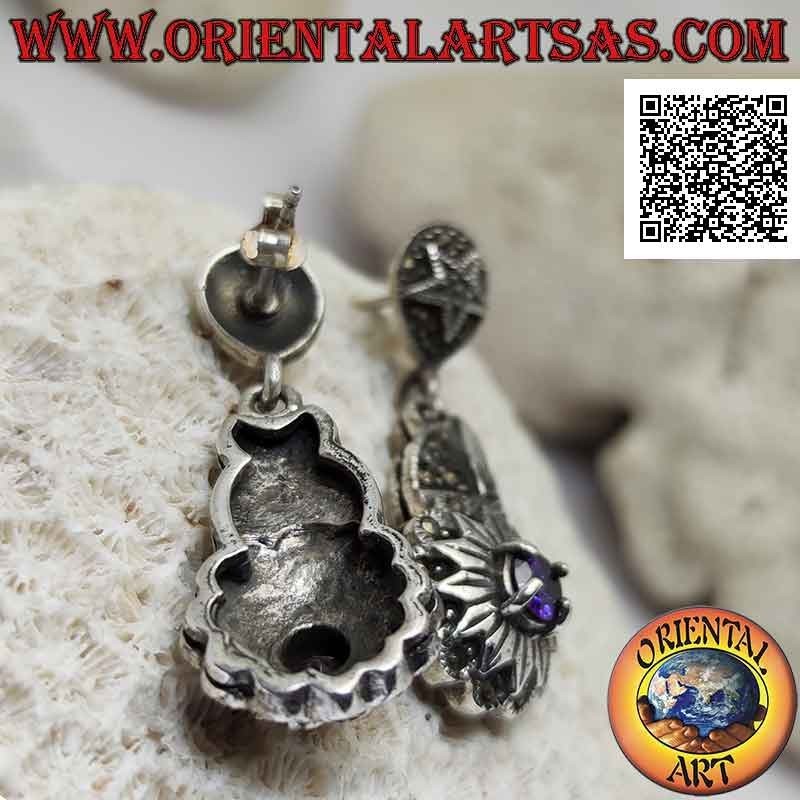 Boucles d'oreilles en argent cloutées de marcassite avec améthyste ronde sertie sur un dodécagramme (étoile à douze branches)