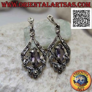 Pendientes de plata con amatista lanzadera natural en engaste perforado abstracto tachonado de marcasita