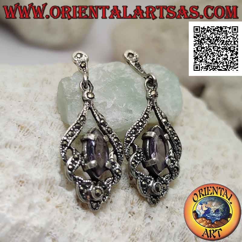 Silver earrings with natural shuttle amethyst on abstract perforated setting studded with marcasite