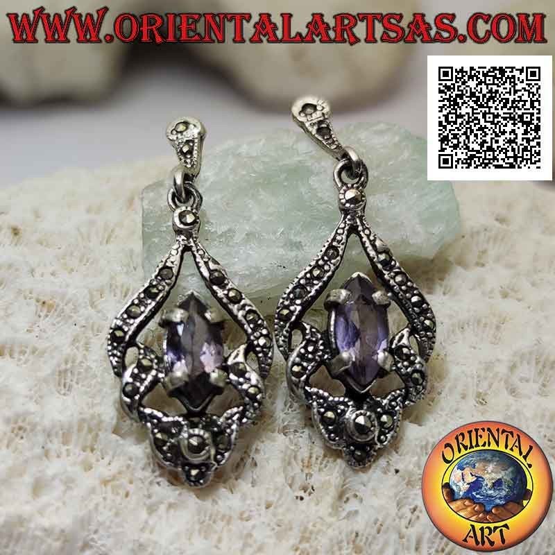 Silver earrings with natural shuttle amethyst on abstract perforated setting studded with marcasite