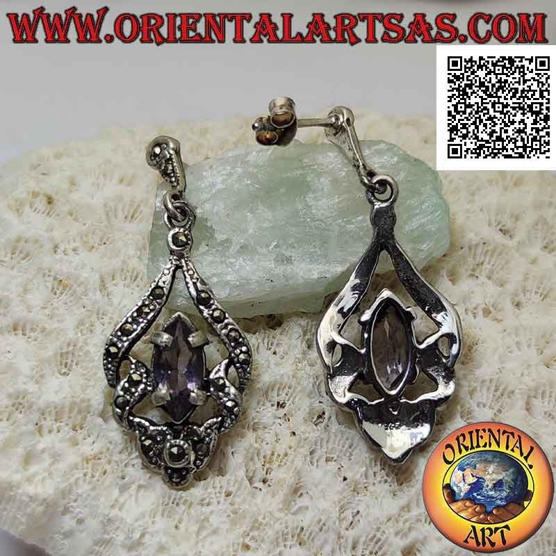 Silver earrings with natural shuttle amethyst on abstract perforated setting studded with marcasite