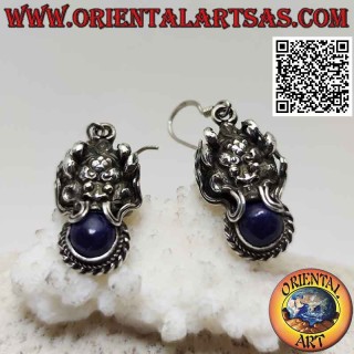 Boucles d'oreilles en argent, tête de dragon avec lapis lazuli dans la bouche