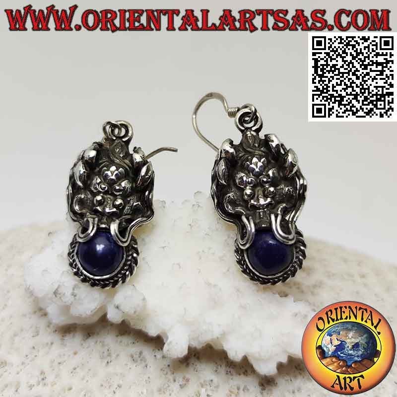 Boucles d'oreilles en argent, tête de dragon avec lapis lazuli dans la bouche