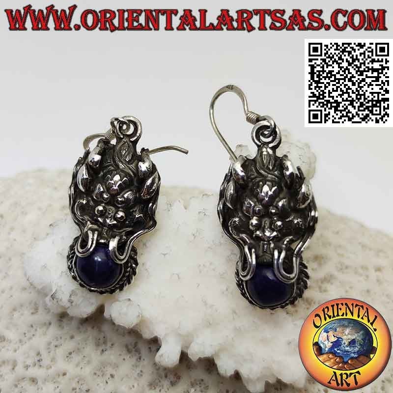 Boucles d'oreilles en argent, tête de dragon avec lapis lazuli dans la bouche