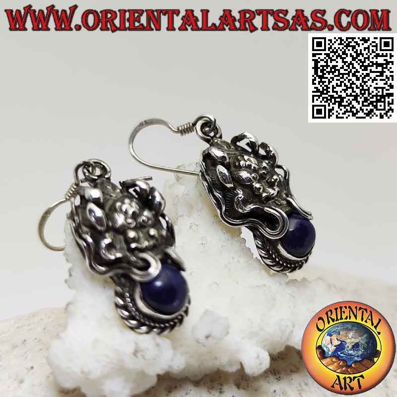 Silberne Ohrringe, Drachenkopf mit Lapislazuli im Mund
