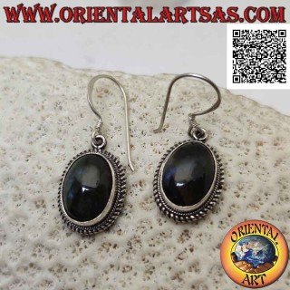 Silver earrings with cabochon oval labradorite surrounded by weaving