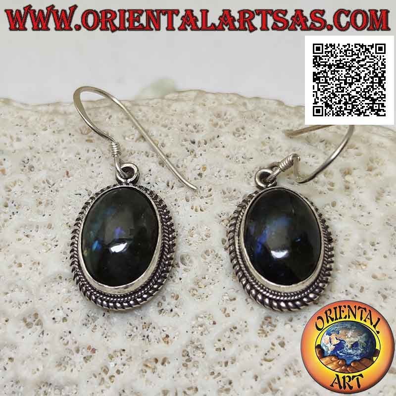 Silver earrings with cabochon oval labradorite surrounded by weaving