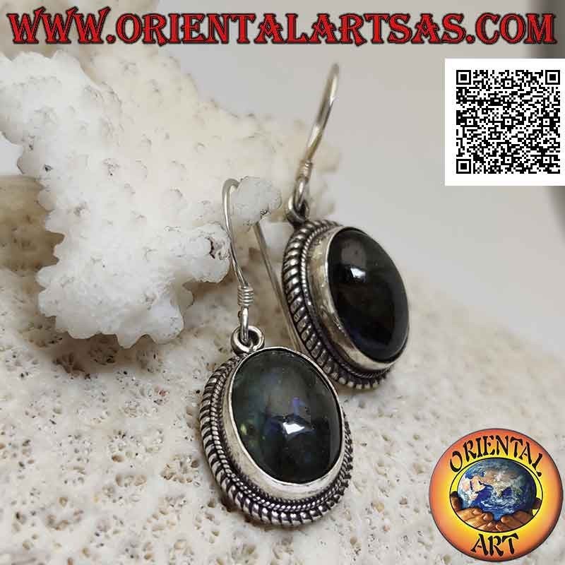 Silver earrings with cabochon oval labradorite surrounded by weaving