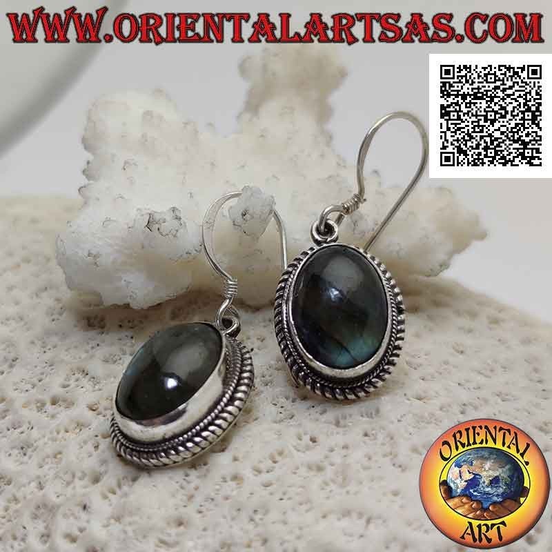 Silver earrings with cabochon oval labradorite surrounded by weaving