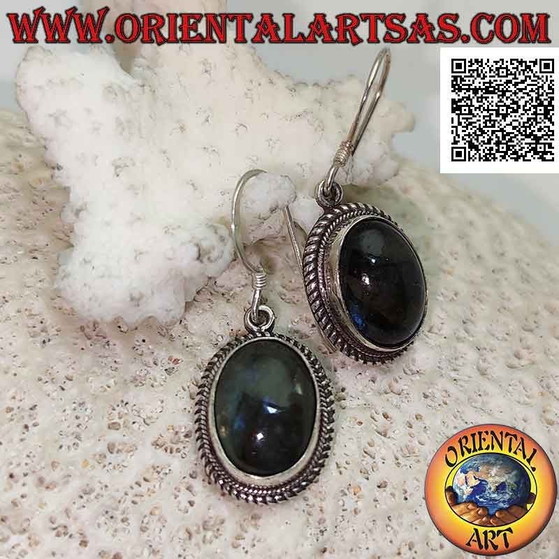 Boucles d'oreilles en argent avec cabochon ovale labradorite entouré de tissage