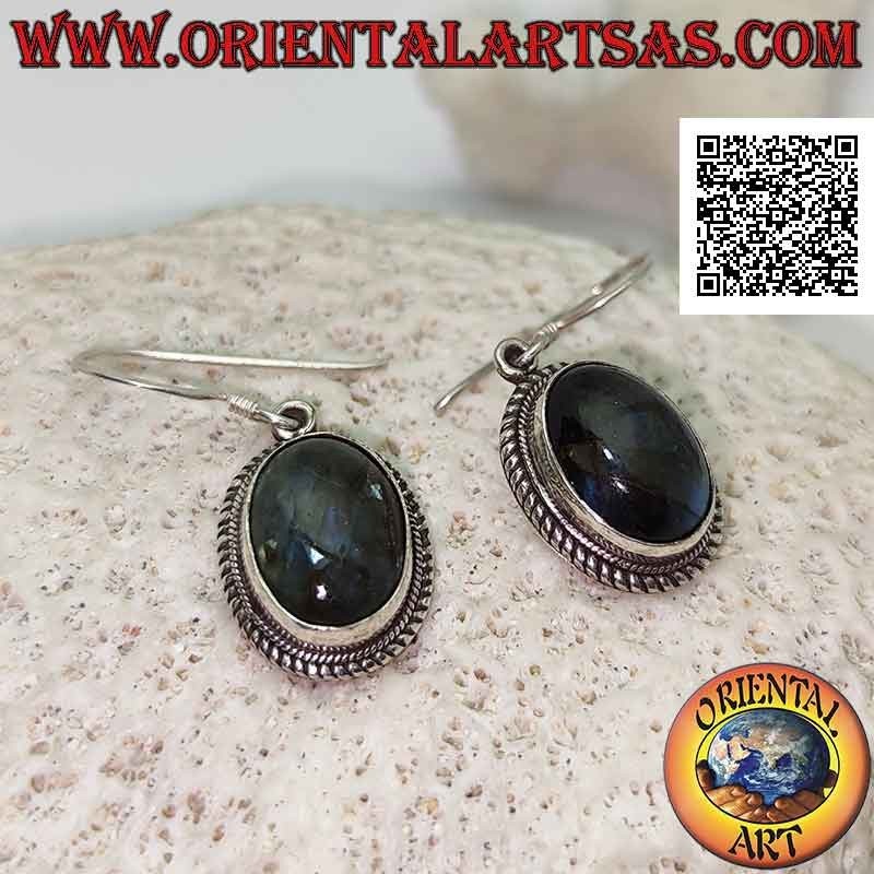 Silver earrings with cabochon oval labradorite surrounded by weaving